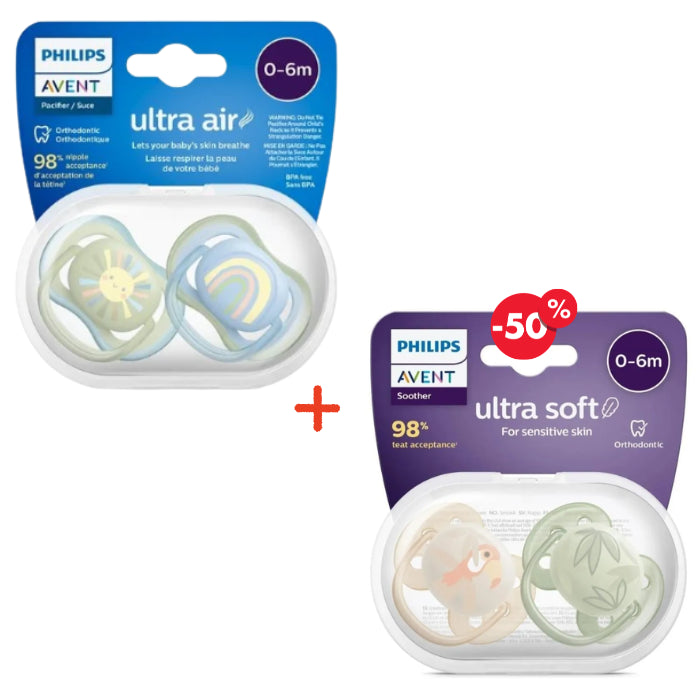 Offre Sucettes Orthodontique Ultra Air Peau Sensible 0-6 Mois Boy Pack de 2 + 2EME Ultra Soft Pack de 2 A -50% - AVENT