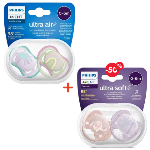 Offre Sucettes Orthodontique Ultra Air Peau Sensible 0-6 Mois Girl Pack de 2 + 2EME Ultra Soft Pack de 2 A -50% - AVENT