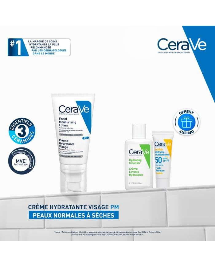 Offre Crème Hydratante Visage PM 52 ML + Gel Moussant et Fluide Invisible Format Voyage Offerts - CERAVE