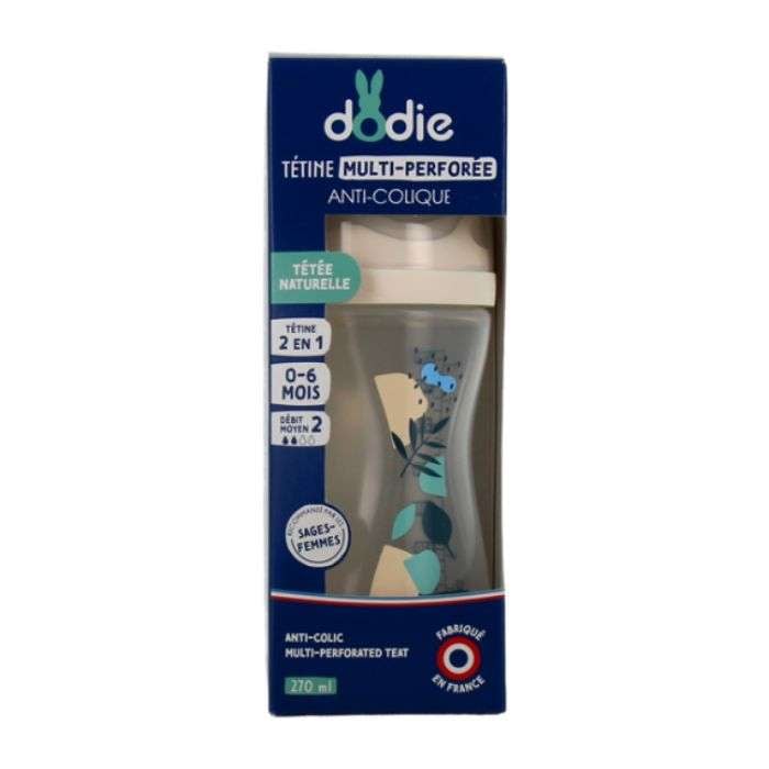 Biberon Tetine Multi Perforee Anti Colique 270 ML 0-6MOIS Debit 2 Bleu - DODIE