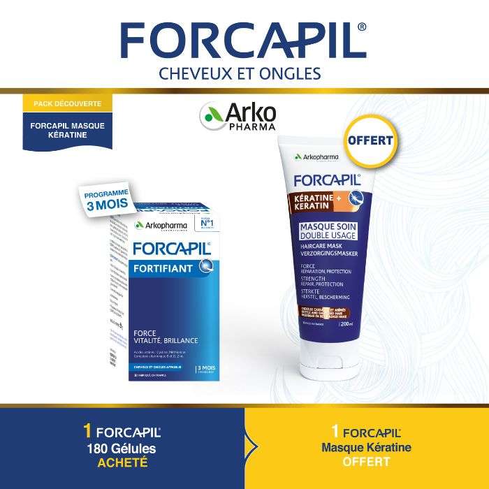 Offre Cheveux et Ongles 180 Gelules + Masque Soin Double Usage Keratine 200 ML Offert - FORCAPIL