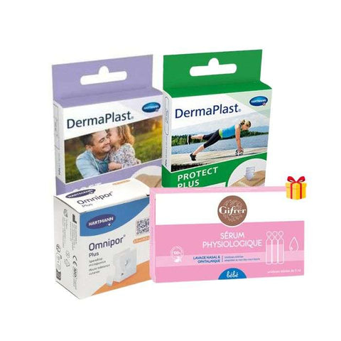Mini Kit Dermaplast Soft 10 Unites + Protect Plus 20 Unites + Omnipor + Gifrer Boite de 5 Serum Physiologique Offert - HARTMANN