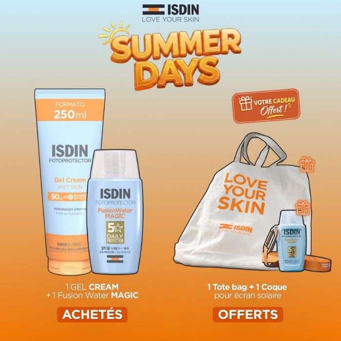 Offre Fotoprotector Gel Creme + Fusion Water Magic Achetes + Tote Bag et Coque Ecran Offerts - ISDIN