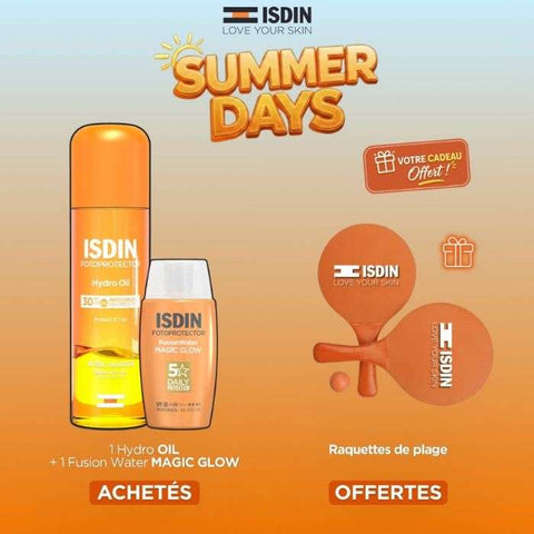 Offre Hydro Oil SPF30 200 ML + Fotoprotector Fusion Water Magic Glow SPF50 + Raquettes de Plage Offertes - ISDIN