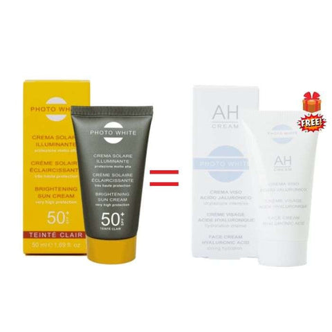 Offre Creme Solaire Teintee Claire Eclairicissante SPF 50+ 50 ML + Creme Visage Acide Hyaluronique 50 ML Offerte - PHOTO WHITE