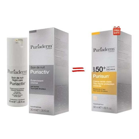 Offre Puriactiv Soin de Nuit Eclaircissant Intense 30 ML + Purisun Creme Teinte Claire SPF 50+ 50 ML Offerte - PURIADERM
