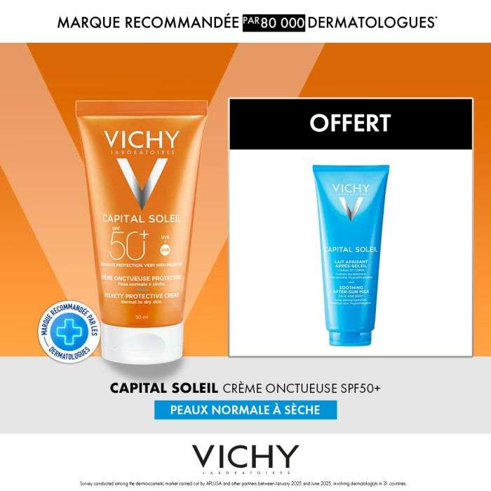 Offre Capital Soleil Creme Onctueuse Protectrice Peau Normale A Seche SPF 50+ 50 ML + Capital Soleil 100 ML et Sac Offerts - VICHY